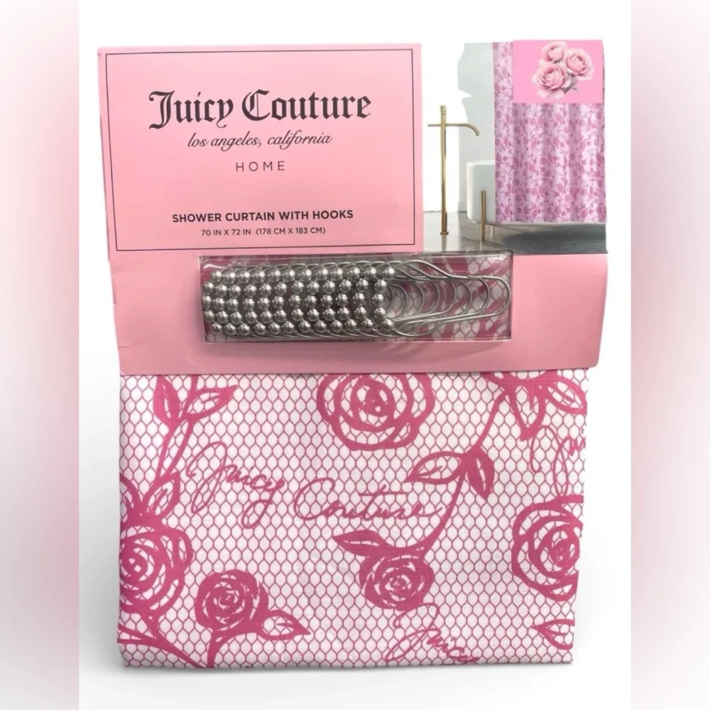 13-pc Juicy Couture Pink White Lacey Roses Shower Curtain 70x72 Hooks JC NEW NWT